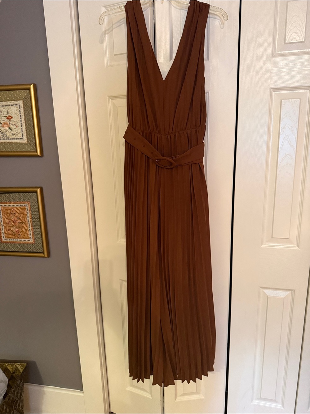 SHEIN Brown Deep V-Neck Pleated Jumpsuit with Belt
